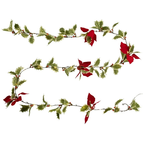 Northlight Pre-Lit Battery Operated Holly and Berry Christmas Garland - 7.5' x 5" - Warm White