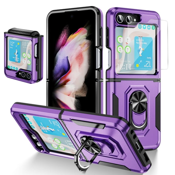 Dteck for Samsung Galaxy Z Flip 6 Case with Back Screen Protector Hinge Protection Finger Ring Metal Kickstand, Heavy Duty Shockproof Rugged Protective Cover for Samsung Galaxy Z Flip 6,Purple