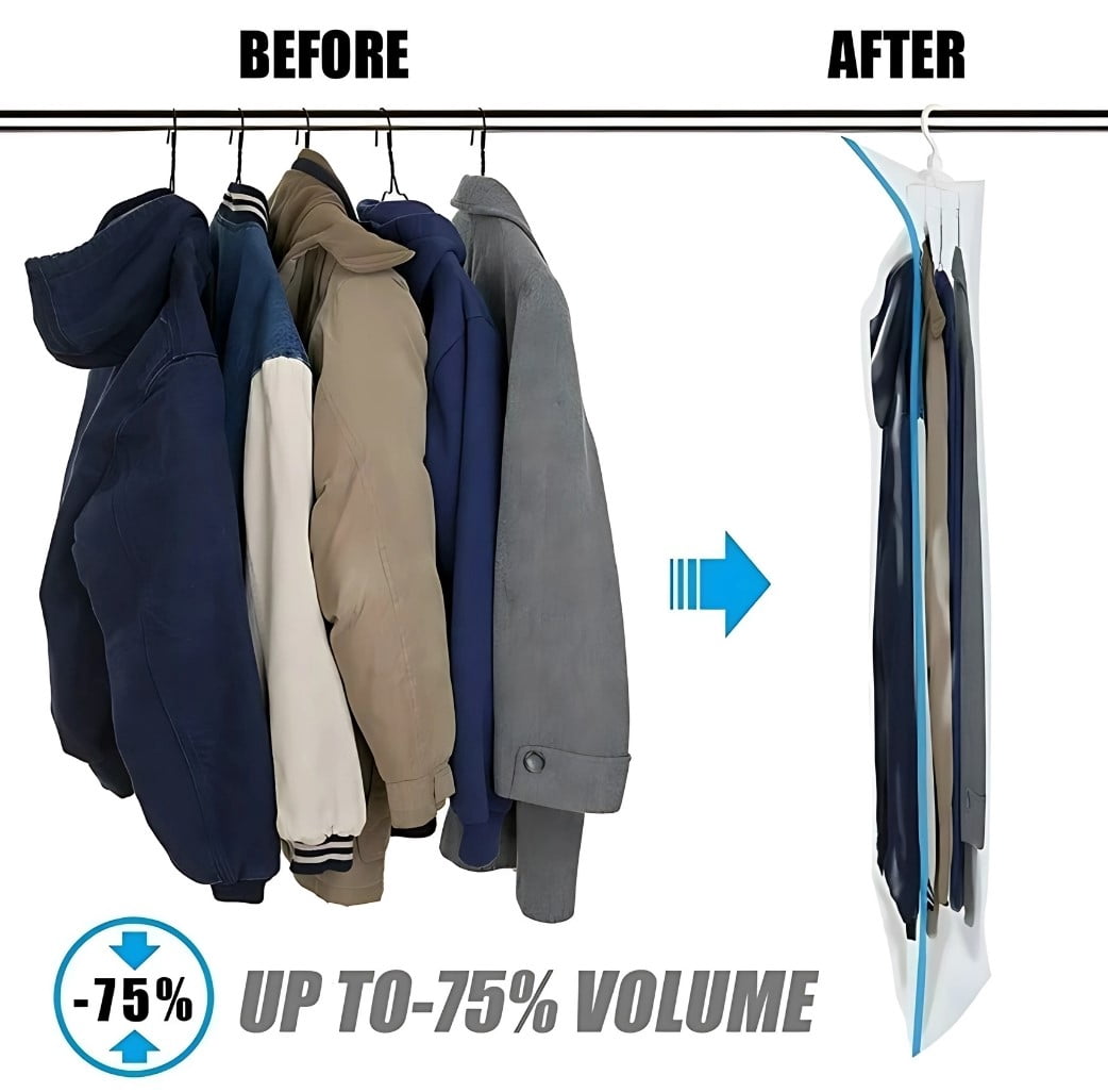 QQbed Garment Storage Bags with Hooks, Vacuum Seal Hanging Bags, Clear Plastic, for Clothes, 4 pack