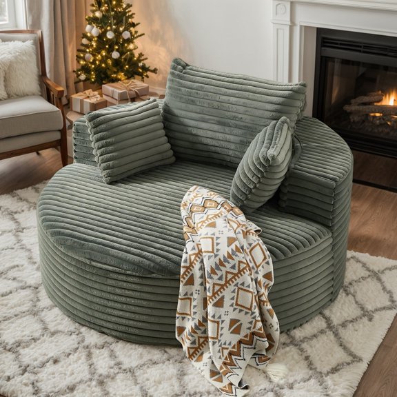 CKEASEAN 55'' Oversized Corduroy Round Chair Lounge Chaise Indoor, Upholstered Cloud Large Circle Sofa Chair with Deep Seat, No Assembly Required, Fluffy Modern Floor Sleep Sofa for Living Room