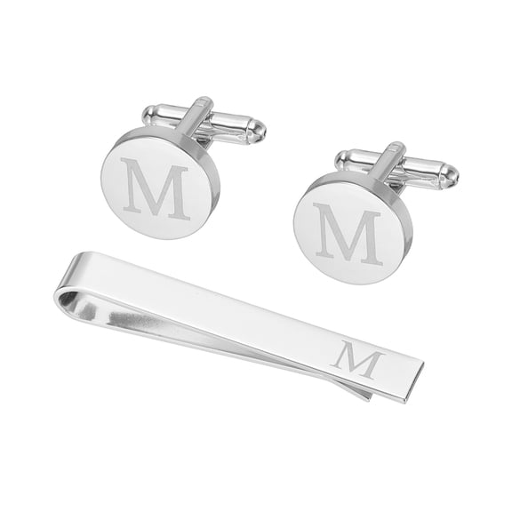 Uxcell Cuff Links, Initial Tie Clip and Cufflink Set for Men Classic Copper, Letter M(Silver Tone)