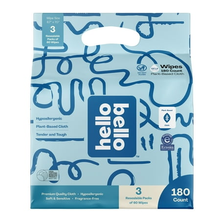 UPC: 0850000494015 | Hello Bello Baby Wipes 180 Unscented Plant-Based Wipes 3 Pouch Pack (Choose Your Count)