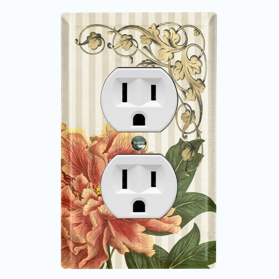 Metal Light Switch Plate Outlet Cover Orange Flower Beige Stripe Damask FLW063