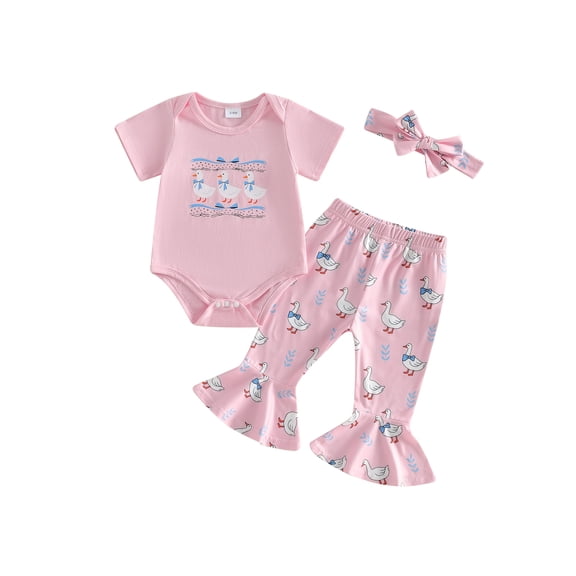BemeyourBBs Newborn Baby Girls Duck Outfit Summer Clothes Infant Girls Cute Duck Print Short Sleeve Romper with Flare Pants Set Headband