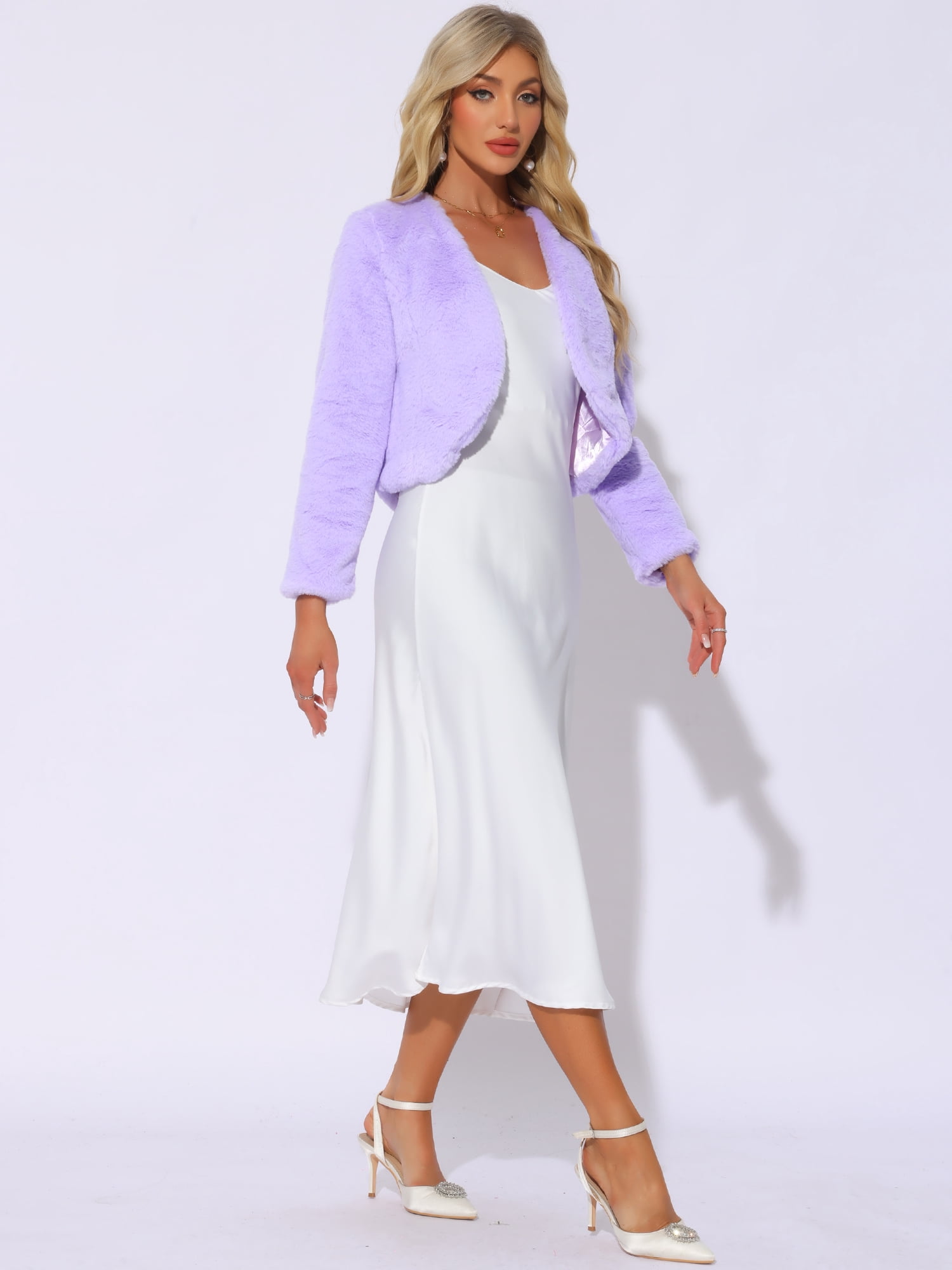 DARING DIVA Women's Faux Fur Cropped Open Front Jacket Bolero Coat S Light Purple
