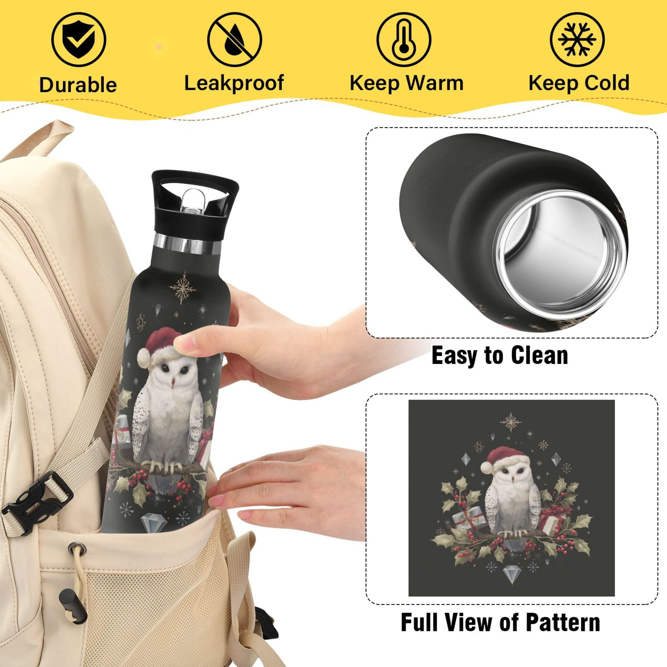 600ML Stainless Steel Insulated Cup Sports Water Bottle Portable Thermos Cup Water Glasses Insulated Tumblers Convenient and Durable Magical Christmas Black Owl