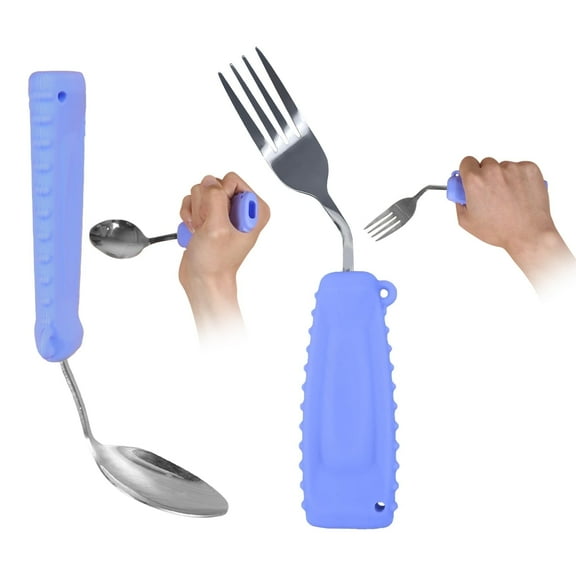 Ehucon Adaptive Utensils – Right-Hand Fork & Forward Tilt Spoon for Hand Tremors, Arthritis & Parkinson’s – Weighted Non-Slip Silverware with Easy Grip Handles for Independent Dining