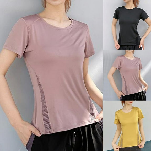 Htigea Clearance Women's Short Sleeve Workout Shirts Crewneck Sports Yoga Running Fit Tops Tee Black,XXXL