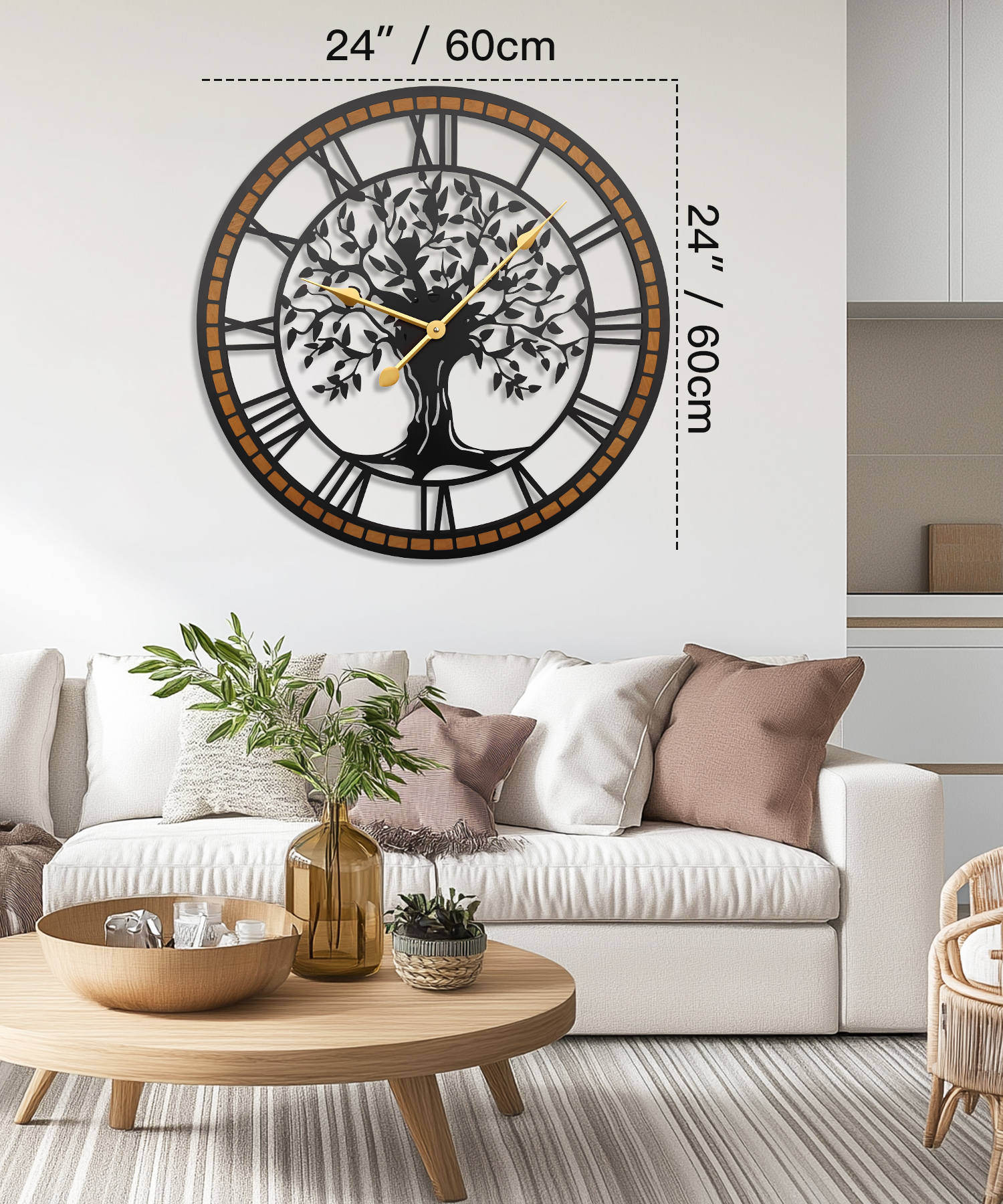 Wall Clock,24inch Large Wall Clock,Silent Tree of Life Wall Clocks for Living Room Decor,Non-Ticking Battery Operated Wall Clock with Wood Frame for Living Room, Kitchen, Bedroom, or Office Wall