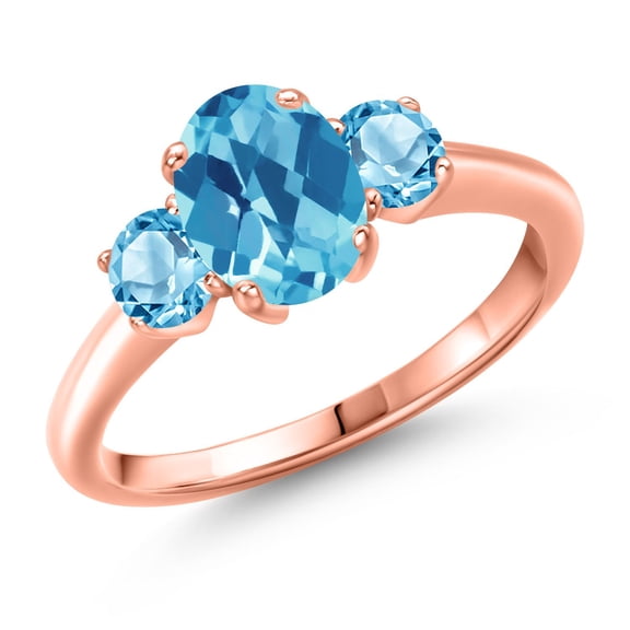 Gem Stone King 2.01 Ct Oval Checkerboard Swiss Blue Topaz 18K Rose Gold Plated Silver Ring