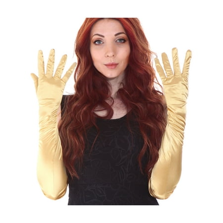 Ladies Bridal 16' Satin Gloves - EPYA Women's Long Satin Elbow Five Finger Gloves Bridal Wedding Party, Gold