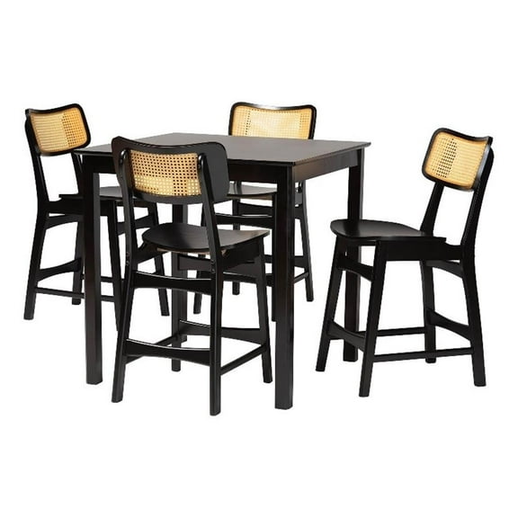 Baxton Studio Tafari 5-Piece Wood & Rattan Pub Set in Dark Brown