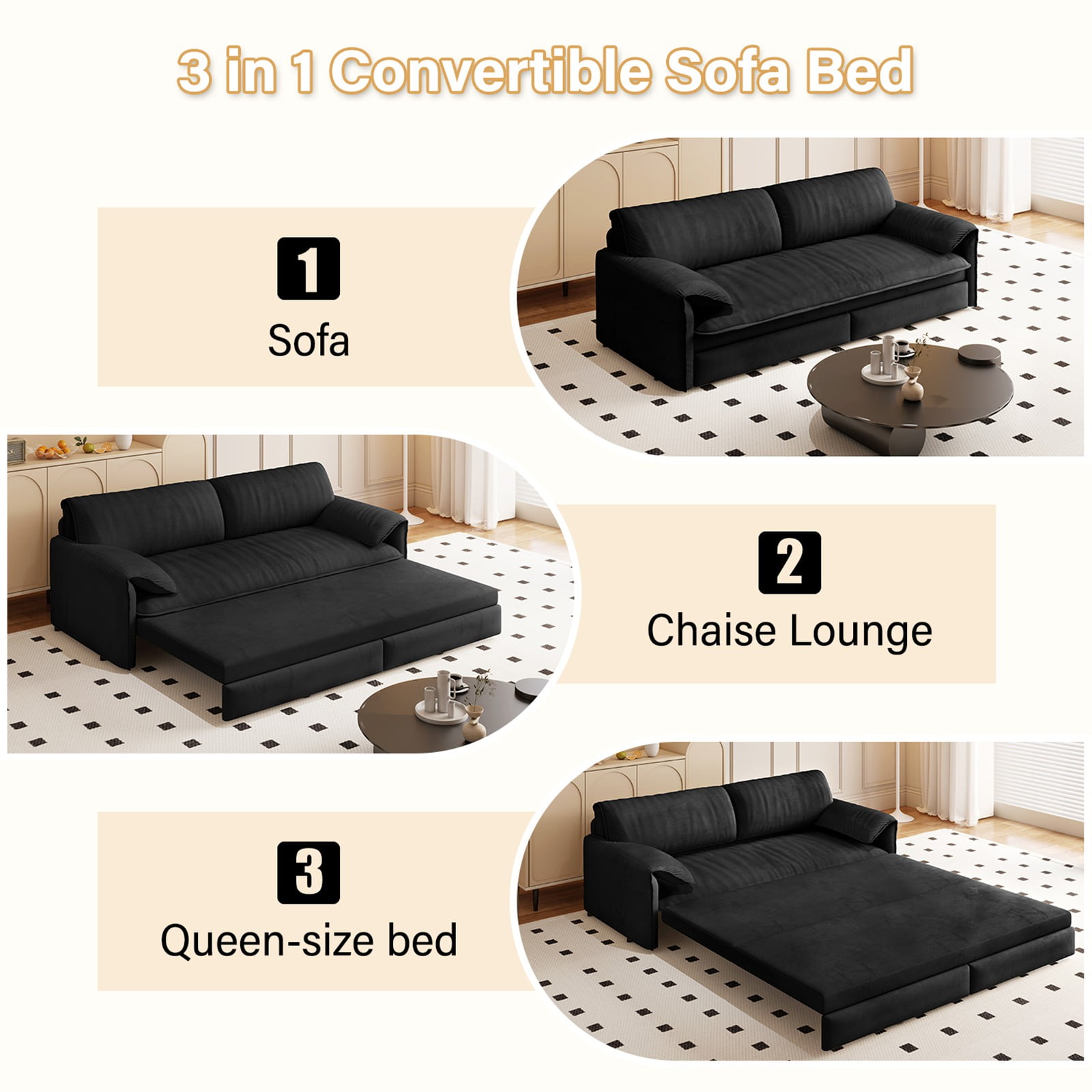66" Futon Sofa Bed Queen Size, Pull Out Bed, 3-in-1 Convertible Sleeper Sofa with Side Pocket, Modern Velvet Futon Couch for Living Room, Small Space, Apartment, Bedroom, Black