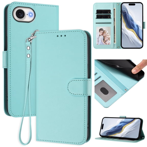 Decase Solid Wallet Case for iPhone 16e,Rugged 3 Card Slots Kickstand Flip Folio Cover,Shockproof TPU Leather Hybrid Magnetic Closure Protective Flip Cover for iPhone 16e,Mint