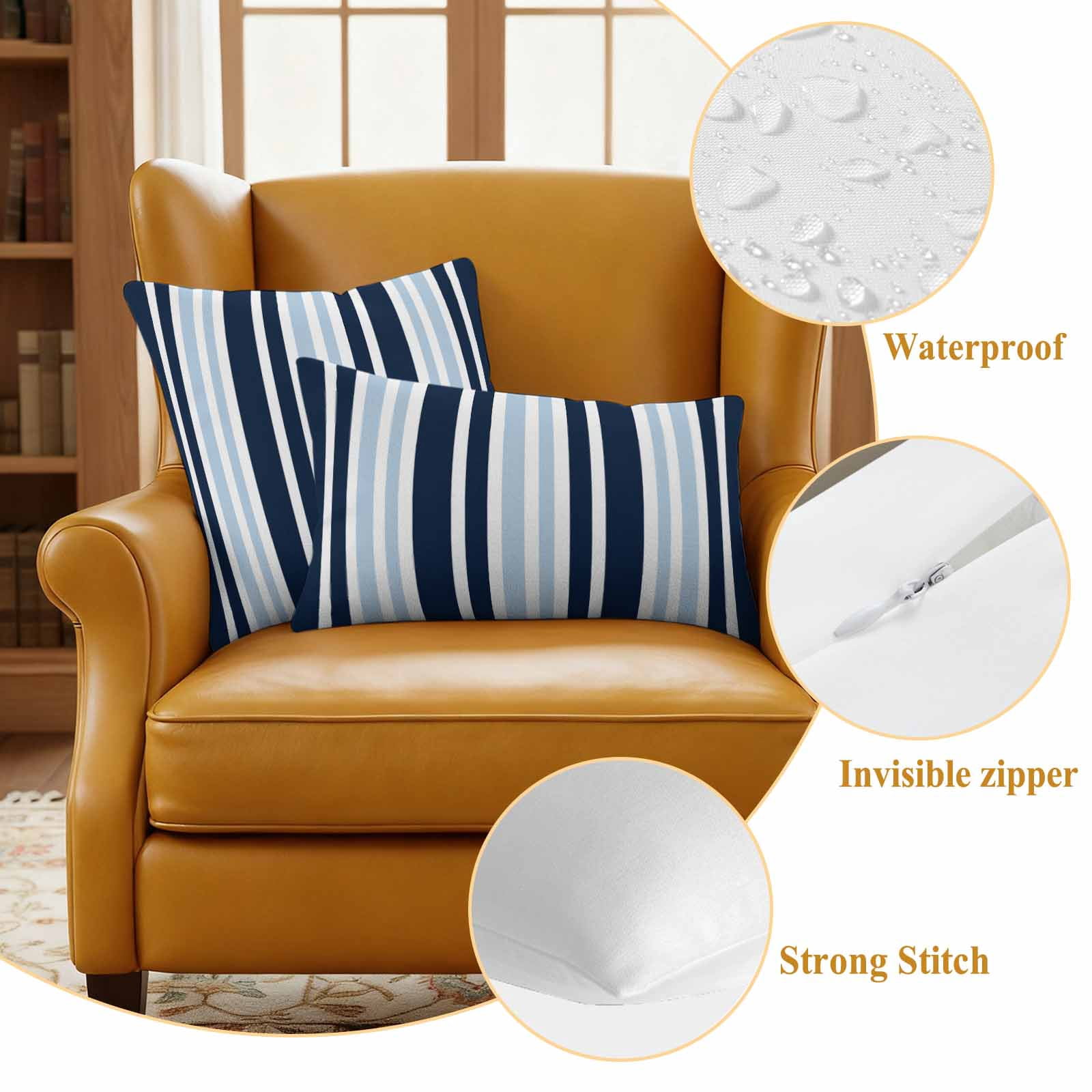 Navy Blue Outdoor Waterproof Pillow Covers, Modern White Geometric Vertical Stripes Decorative Square Throw Pillowcase Sofa Cushion Sham for Patio/Couch/Chair, 24"x24" 2 Pack