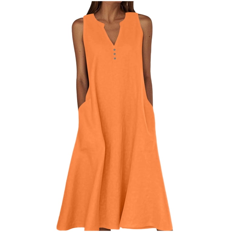 Ovbmpzd Work Dresses for Women Cotton Linen Orange Maxi Sleeveless Dress V Neck Dresses Holiday Dresses for Women S, Women's, Size: Small