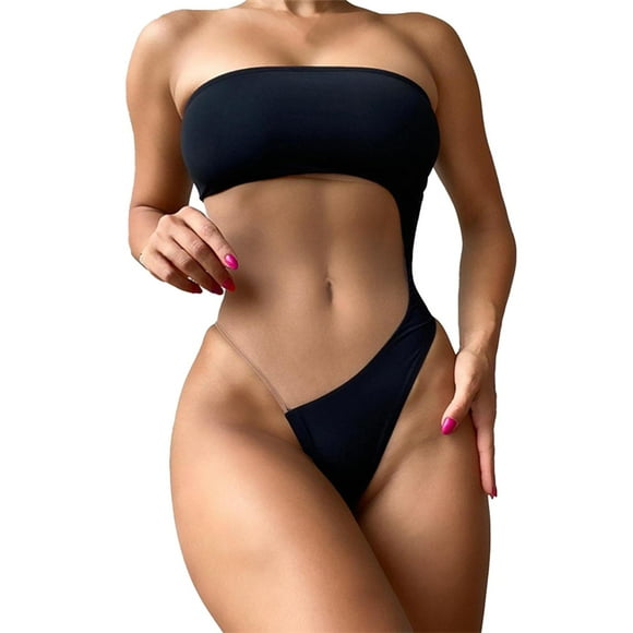 Sexy Hot Girls Swimsuit Splicing Mesh See Through Backless Strapless Slim Sleeveless Collision Color Beach Vacation Fashion Temperament Bikini Beach Swimsuit