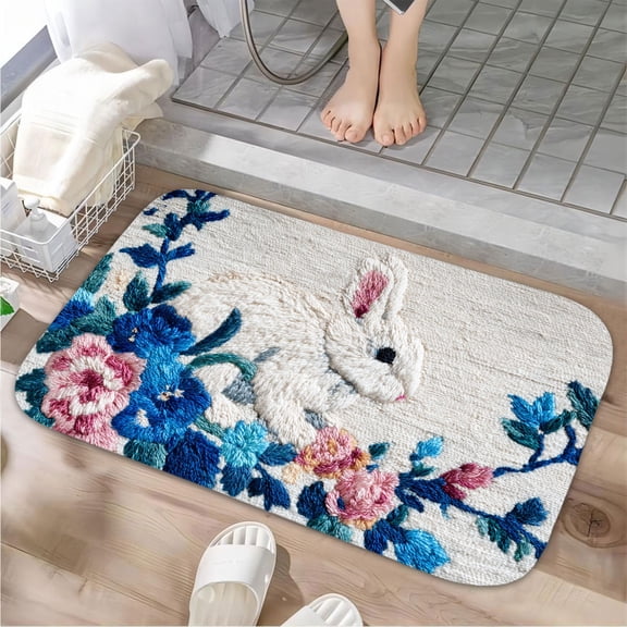 1pc Embroidered Rabbit Absorbent Non-Slip Bathroom Thickened Flannel Rug Decor,Soft,Quick Drying,Suitable For Indoor/outdoor Use,Bathrooms,Bedrooms,Kitchens,Terrace,Laundry Rooms,16"x24"