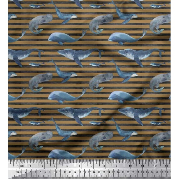 Soimoi Cotton Duck Fabric Stripes & Whale Fish Ocean Fabric Prints by Yard 42 Inch Wide