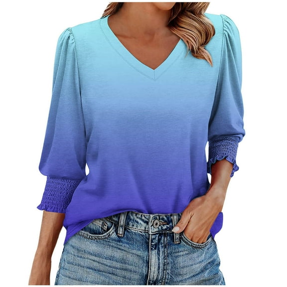 DeHolifer Womens T-Shirts 3/4 Sleeve V-Neck Novelty Printed Smocked Cuffs Summer Trendy Lightweight Casual T-Shirts Blue S