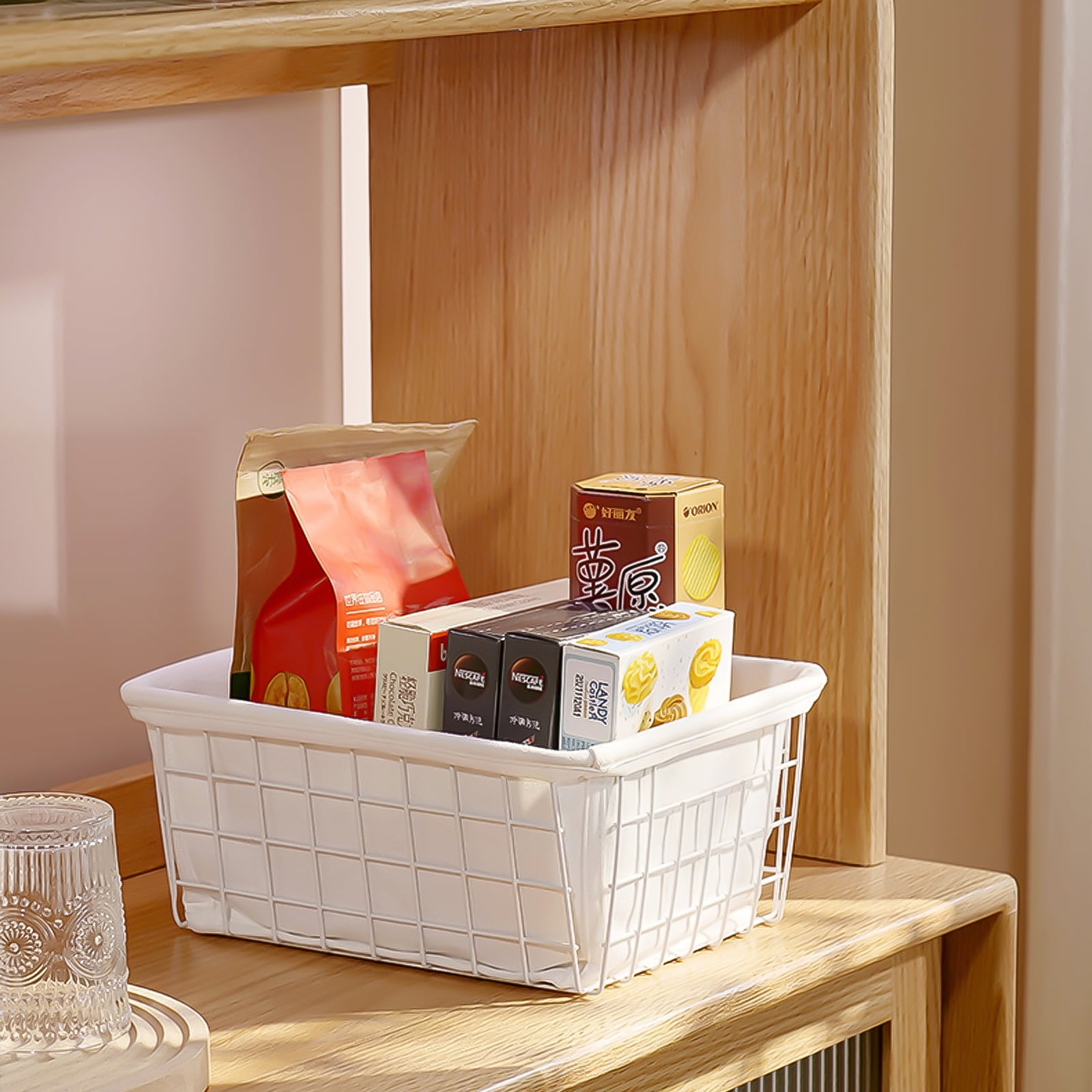 VEGCOO 4-Pack Wire Freezer Basket + 4-Pack Liner with Built-in Handles, Organizer for Kitchen Cabinets, Pantry, Freezer, Office, Bathroom Storage (11*8.7*4.7 inches)
