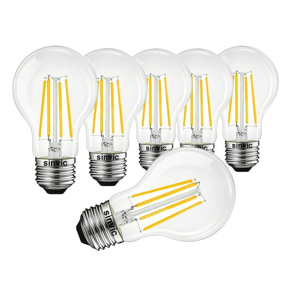 sinvic  A19 E26 Edison Bulb, 6 Pack High Output Dimmable A19 Vintage Light Bulb 806LM 2700K Warm White 8W, Equal 60W, CRI 85  E26 Base, Clear Glass A 19 Filament LED Bulb for Chandelier, Pendant