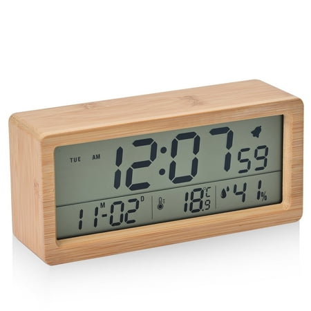 Electime Bamboo Digital Alarm Clock with Calender, Temperature, Humidity and Snooze, Battrey