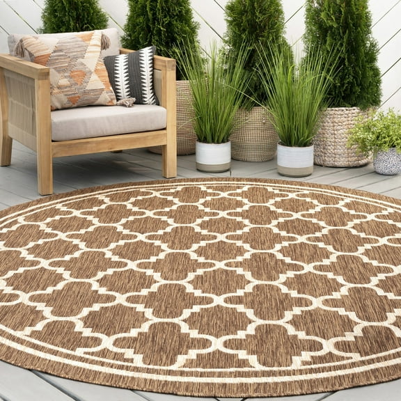 6ft Round Water Resistant, Indoor Outdoor Rugs for Patios, Front Door Entry, Entryway, Deck, Porch, Balcony | Outside Area Rug for Patio | Gold, Geometric | Size: 5'3'' Round