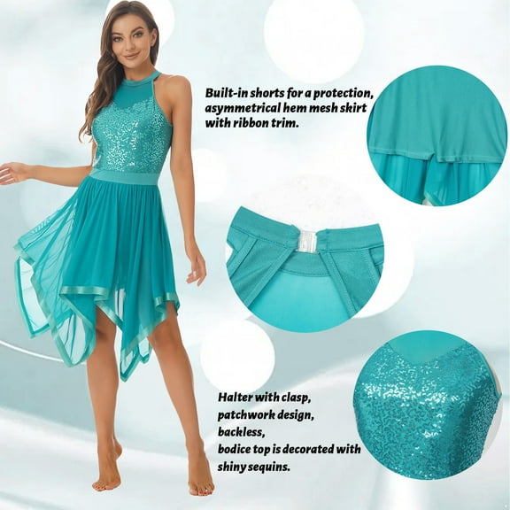 Miutii Women Shiny Sequins Halter Neck Asymmetrical Mesh Tulle Lyrical Dance Dress Modern Green S