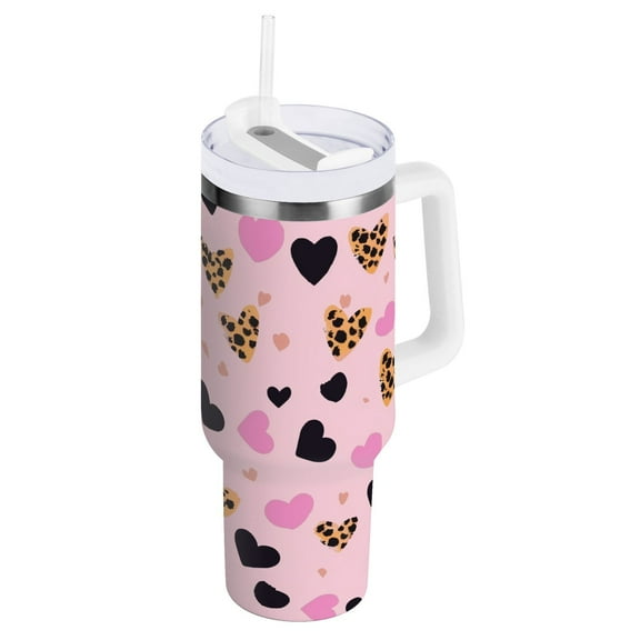JSTEL Heart Cheetah Leopard Print 40 oz Tumbler Stainless Steel Water Bottle Vacuum Insulated Cup with Straw Lid & Handle For Travel Car Cup Holder