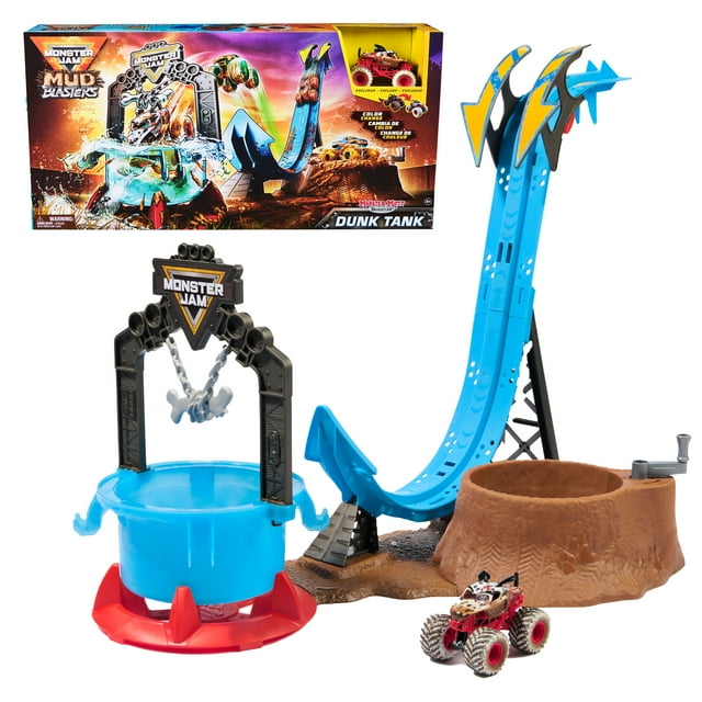 Monster Jam Mud Blasters, Coffret Monster Mutt Dalmatian Dunk Tank , changement de couleur, cadeaux pour garçons et filles à partir de 3 ans
