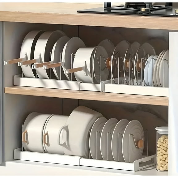 ACDANC 1 Pack Pull Out Pots and Pans Organizer Under Cabinet,22" Deep Expandable Pot Lid Organizer and Storage with 10 Adjustable Dividers Adhesive Pot and Pan Holder Rack with Handle Bracket(White)
