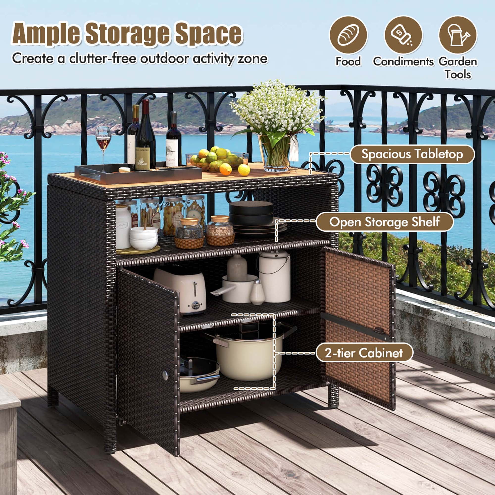 Costway Patio Rattan Storage Cabinet with Acacia Wood Countertop Open Shelf 2 Door Cabinet Mix Brown