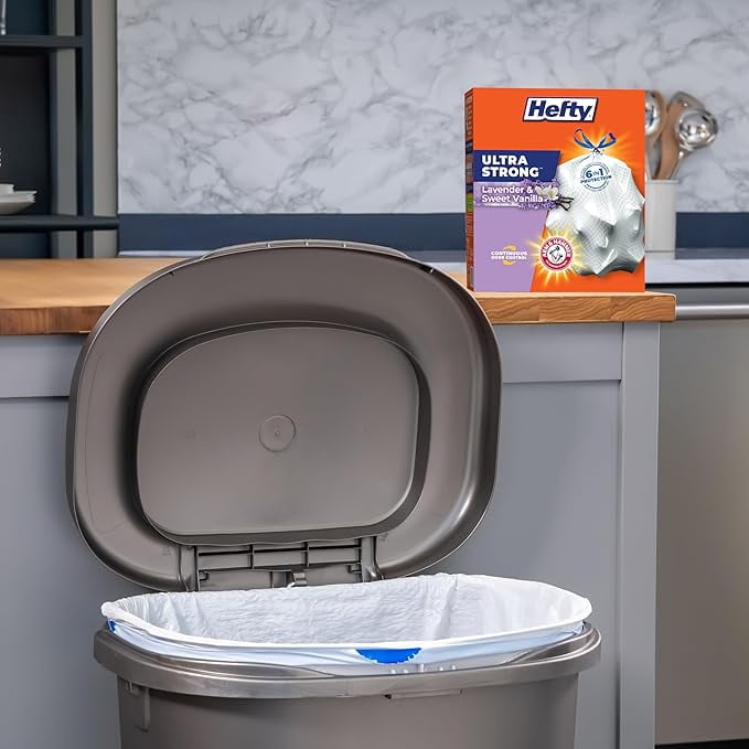 Hefty Ultra Strong 13 Gallon Trash Bags, Tall Kitchen Trash Bags 13 Gallon Size, Drawstring Closure, Continuous Odor Control, White, Lavender and Sweet Vanilla Scent, 80 Bags