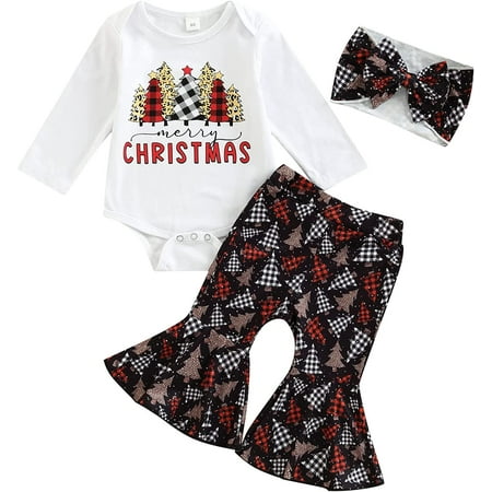 

PIKADINGNIS Infant Baby Girl Christmas Clothes Letter Shirt Romper Santa Flared Bell Bottom Pants Headband Set Fall Winter Outfits