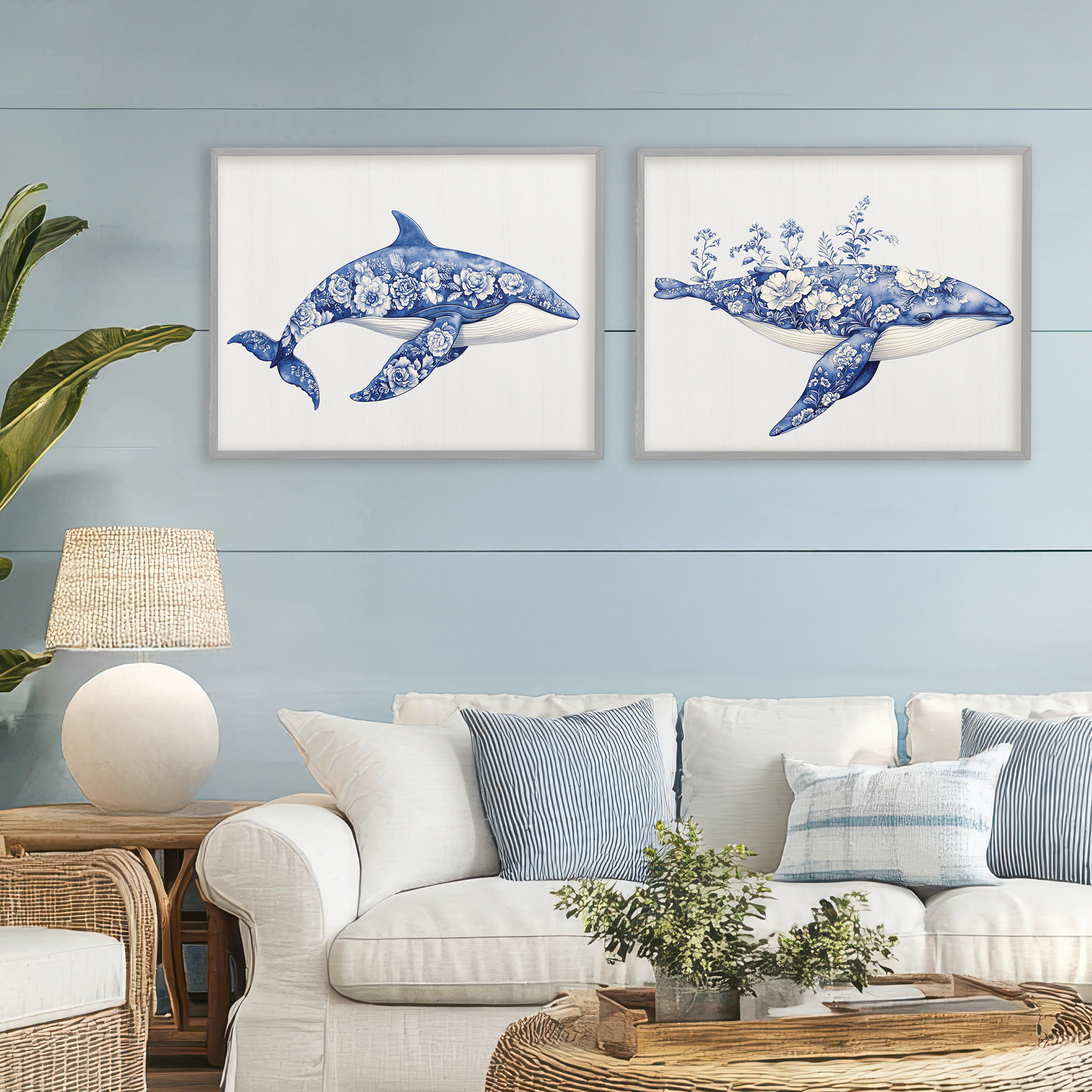 Blooming Toile Pattern Whales 2 Piece Gray Framed Giclee Art Set, design by Lettered and Lined