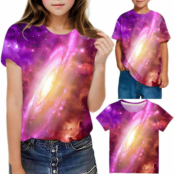 Frwgonr Girls Stretchy T-Shirts Soft Space Tees Kids Boys Casual Tshirts Clothes Summer Tops Hot Pink, Size 3-14 Years