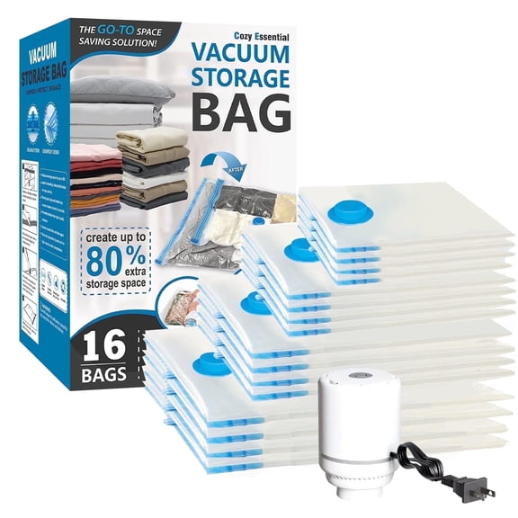 Vessgra Vacuum Storage Bags 16-Pack with Electric Pump, Space Saver Compression Bags for Clothes, Blankets, Travel, Jumbo & Large Sizes