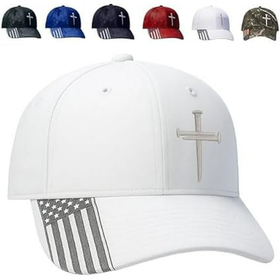 Unisex Jesus 3-Nail Cross Hat | Adjustable American Flag Christian Baseball Cap | Religious Casual Headwear(White 1 PCS)