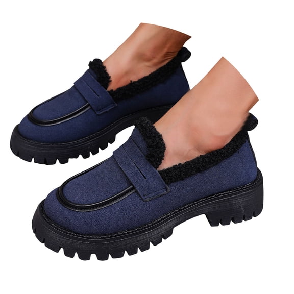 Mepaouo Womens Fleece Casual Loafer Shoes Suede Platform Slip on Penny Loafers for Women(Blue,8.5)