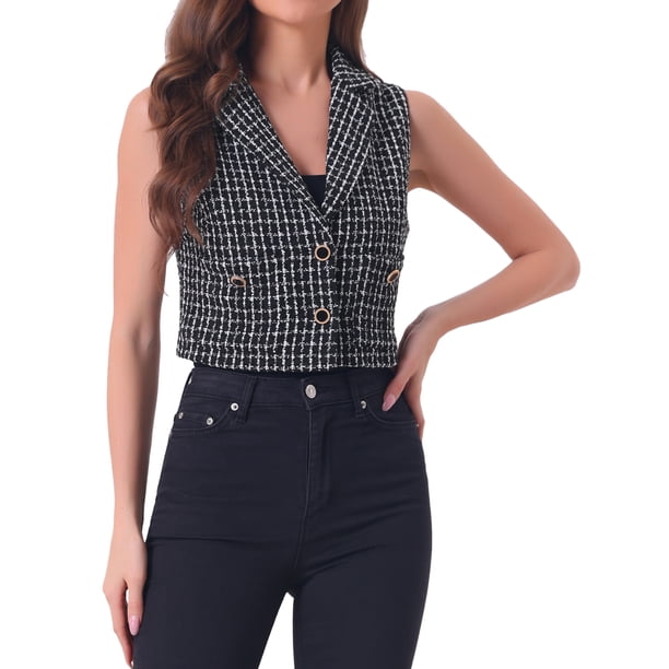 CHALECO DE TWEED PARA MUJERES INSPIRE CHIC CON SOLAPA NOTCHED SIN MANGAS VINTAGE A CUADROS CROP NEGRO XL