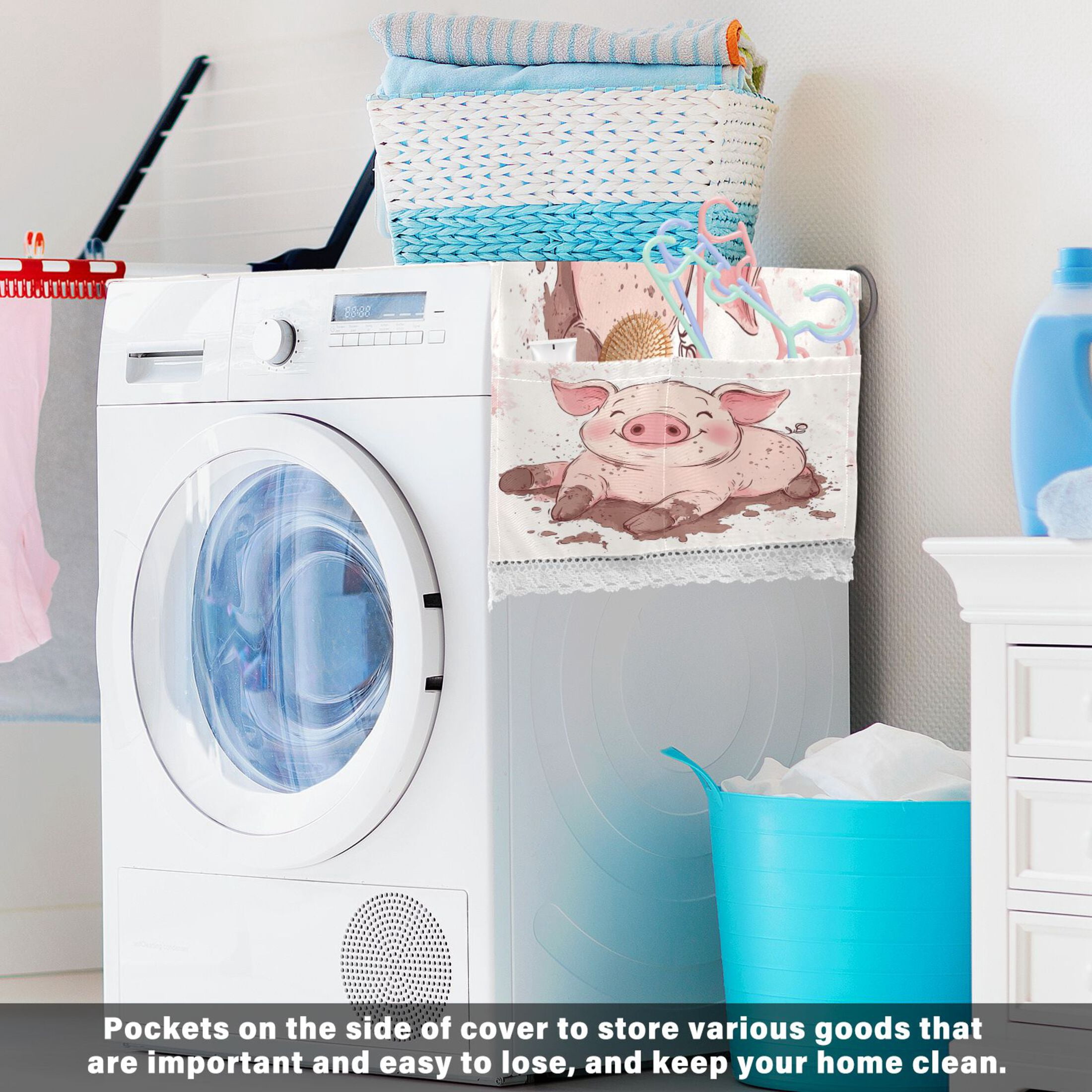 Pink PigWasher and Dryer Covers Dust-Proof and Oil Resistant Fridge Cover with 4 Storage Pockets Washing Machine Top Cover for Laundry Kitchen Home 51.2 x 22 In