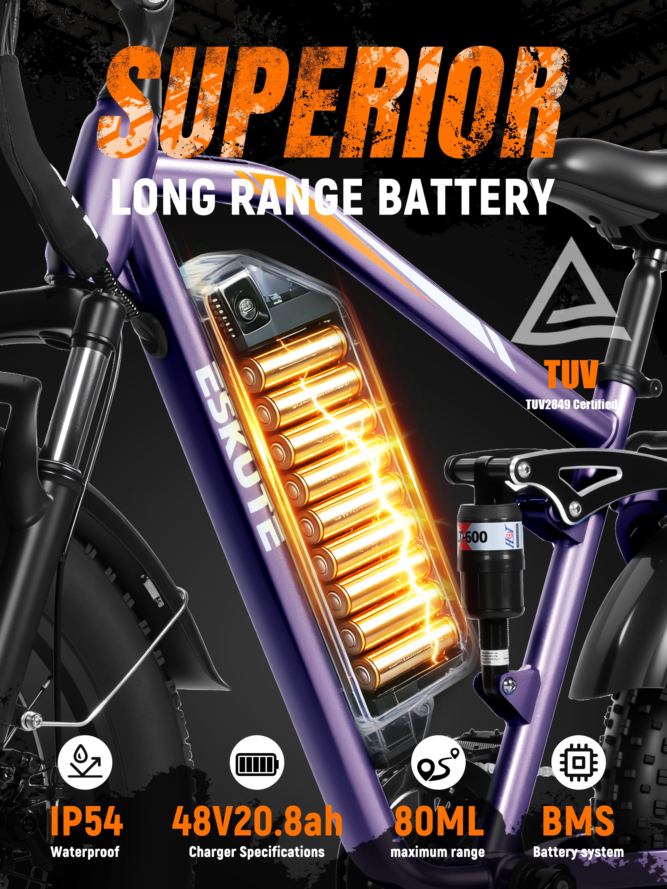 ESKUTE M300F Full Suspension Electric Bike, 20" Fat Tire Ebike, 48V 20.8Ah Removable Battery, 1200W Peak Motor, 7-Speed, Up to 80 Miles, Purple with Phonebag & Lock, UL2849