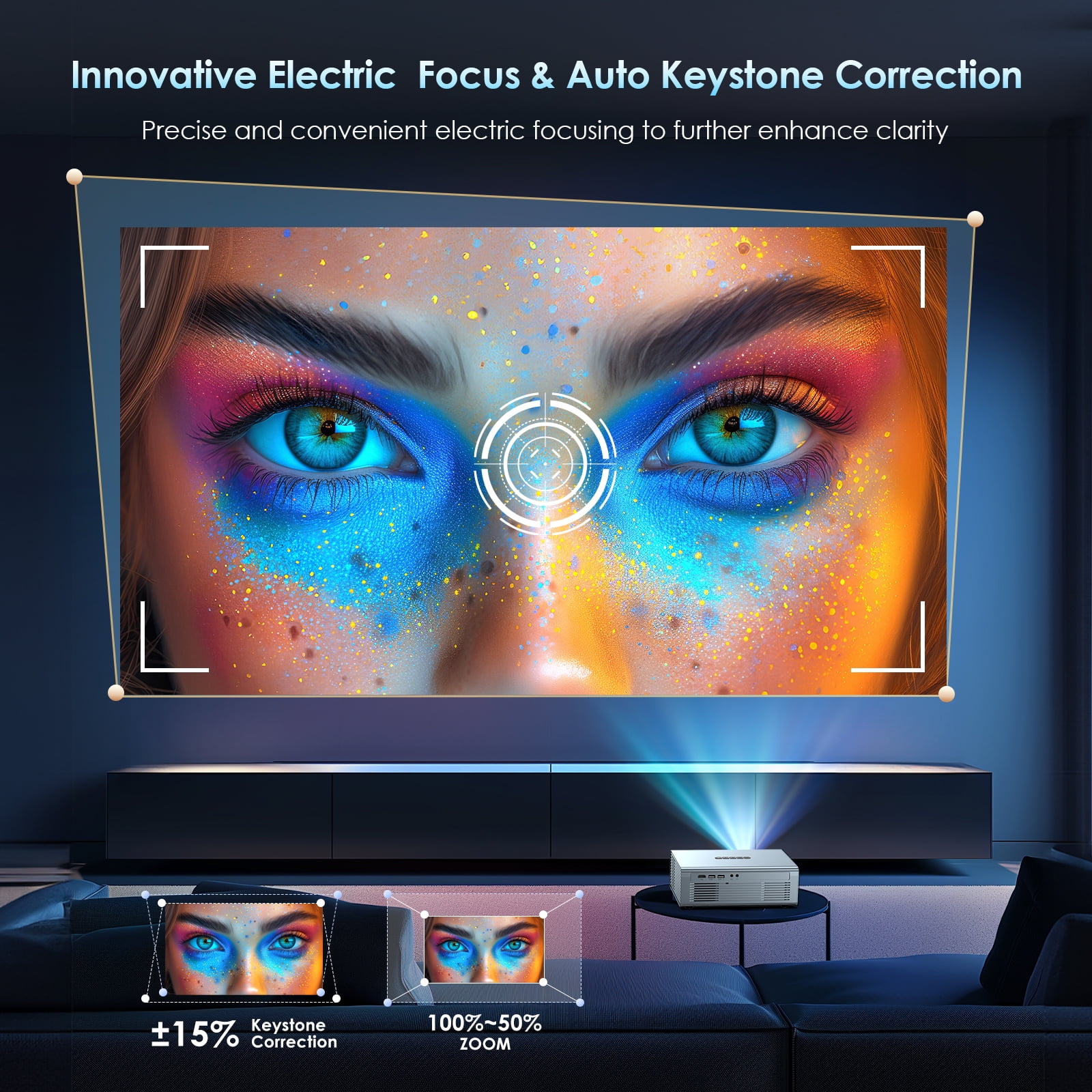 Hewcham Bluetooth Projector with WiFi, Auto Keystone, Electric Focus, 450-Inch Full HD Multimedia, Gray