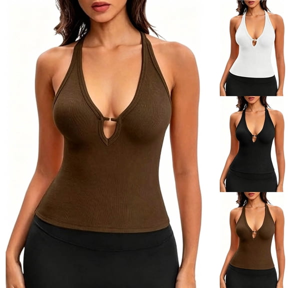 Women's Workout Tank Tops Summer Deep V Neck Racerback Ribbed Knit Fitted Going Out Camisole Tops White
