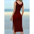 thumbnail image 5 of Womens Summer Tank Dress Casual Sleeveless Square Neck Bodycon Side Slit Midi Ribbed Sweater Dresses Wine Red S, 5 of 9