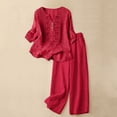 thumbnail image 2 of Women's Cotton Linen Embroidered Shirt and Wide Leg Pants Two Piece Set, 2 of 6