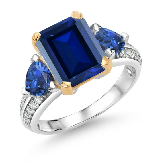 Gem Stone King 925 Sterling Silver and 10k Yellow Gold Blue Created Sapphire 3 Stone Engagement Ring for Women (5.27 Cttw, Octagon Cut 10X8MM, Size 5)