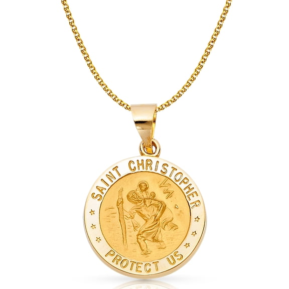 14K Yellow Gold St. Christopher Charm Pendant with 1.7mm Flat Open Wheat Chain Necklace - 24"