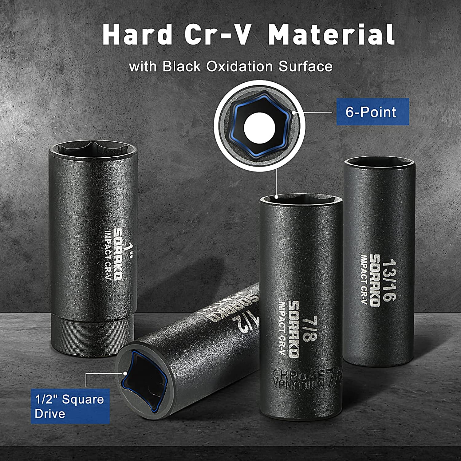 SORAKO Impact Socket Set 1/2” Drive, 16 Pcs Deep Socket Set, Include 14 PCS SAE Impact Sockets